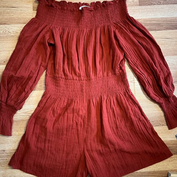 Trina Turk Off Shoulder Romper M Rust Bell Sleeve Boho Resortwear Beachy swim - Picture 3 of 9